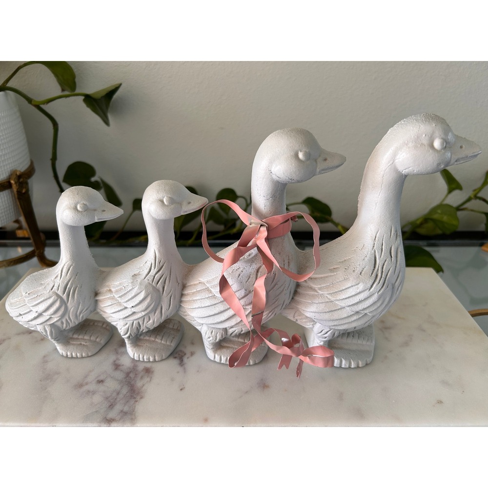 Vintage Department 56 Cast Metal Goose Family Doorstop Figurine White Pink